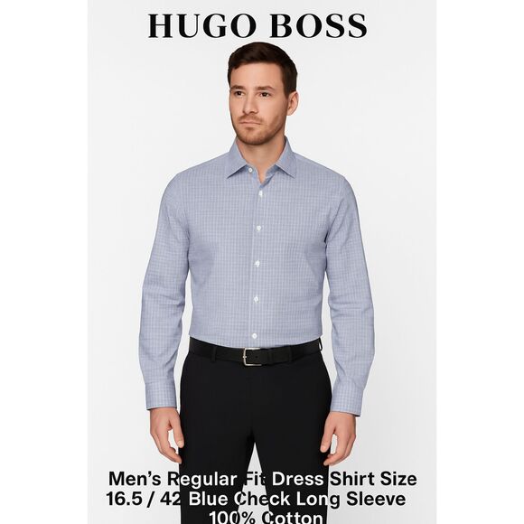 Hugo Boss Men’s Regular Fit Dress Shirt Size 16.5/42 Blue Check 100% Cotton - Picture 1 of 10